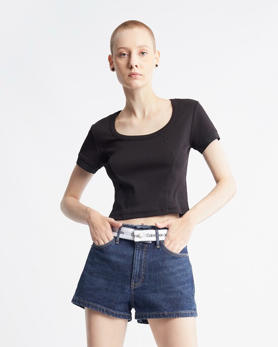 Logo Tape Rib Knit Cropped Tee