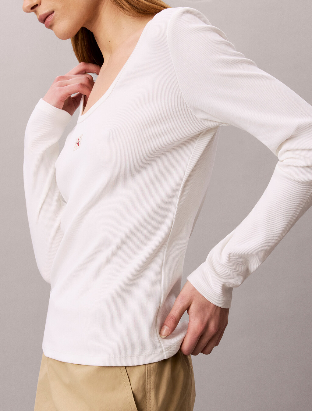 Ribbed Cotton Long Sleeve Top, Bright White, hi-res