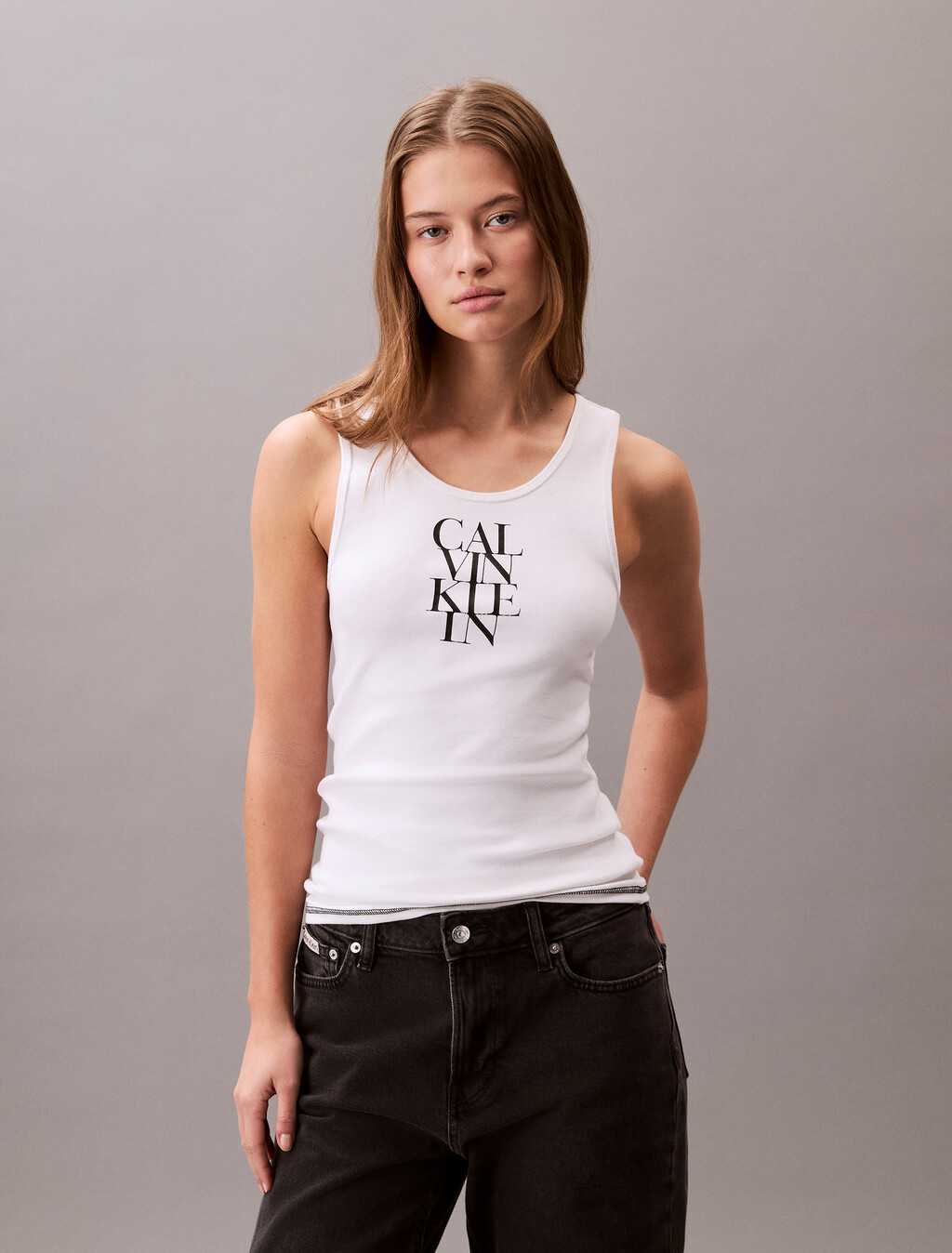 Logo Graphic Ribbed Tank Top, Brilliant White, hi-res