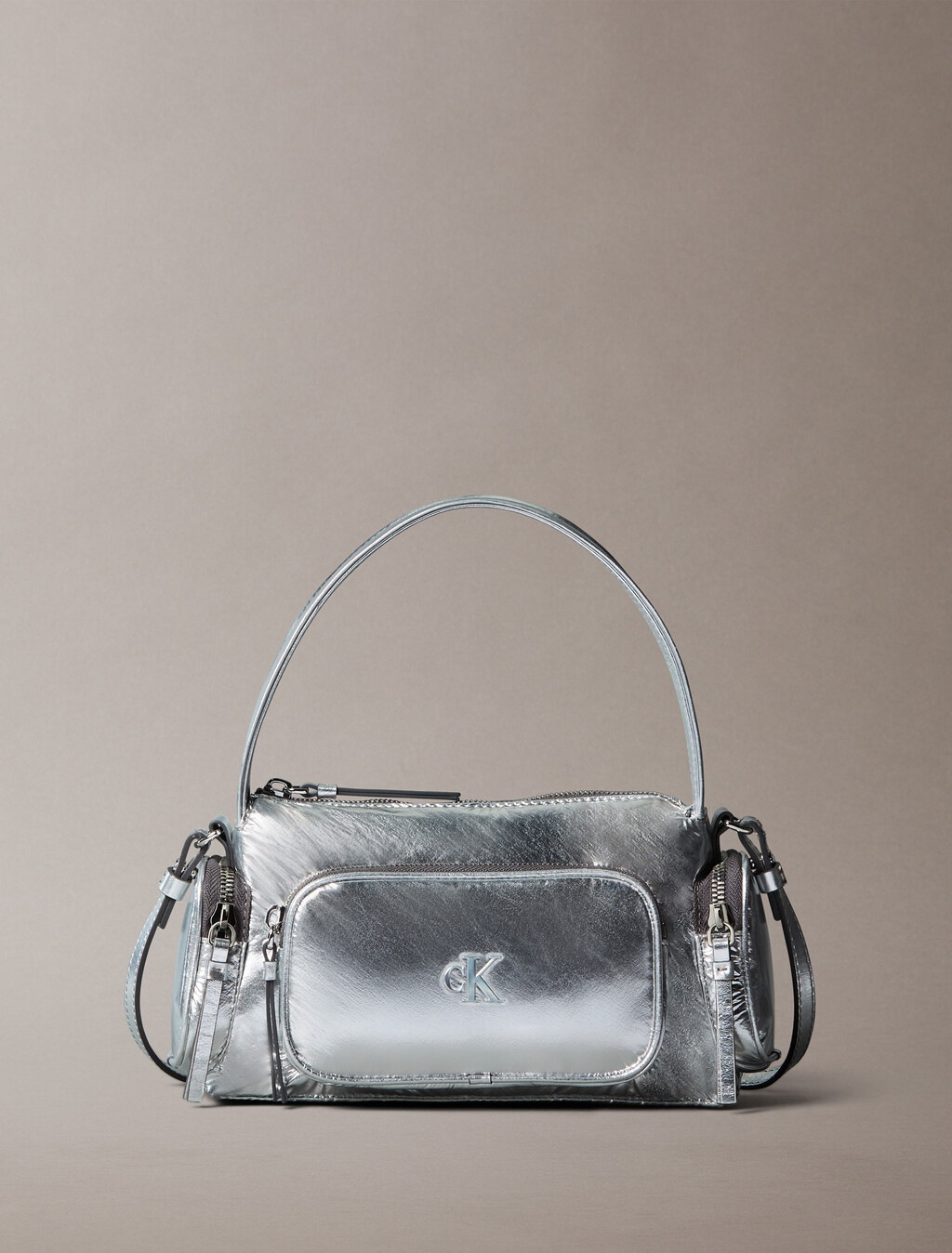 Pocket Metallic Nylon Small Shoulder Bag, SILVER METALLIC, hi-res