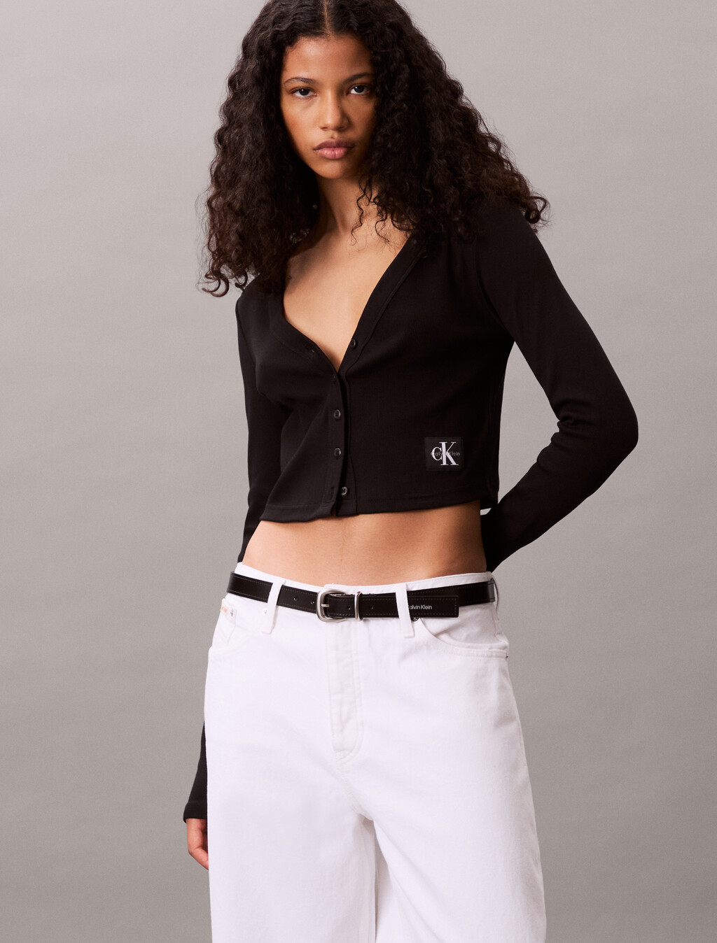 Cropped Ribbed Cotton Cardigan, Black, hi-res