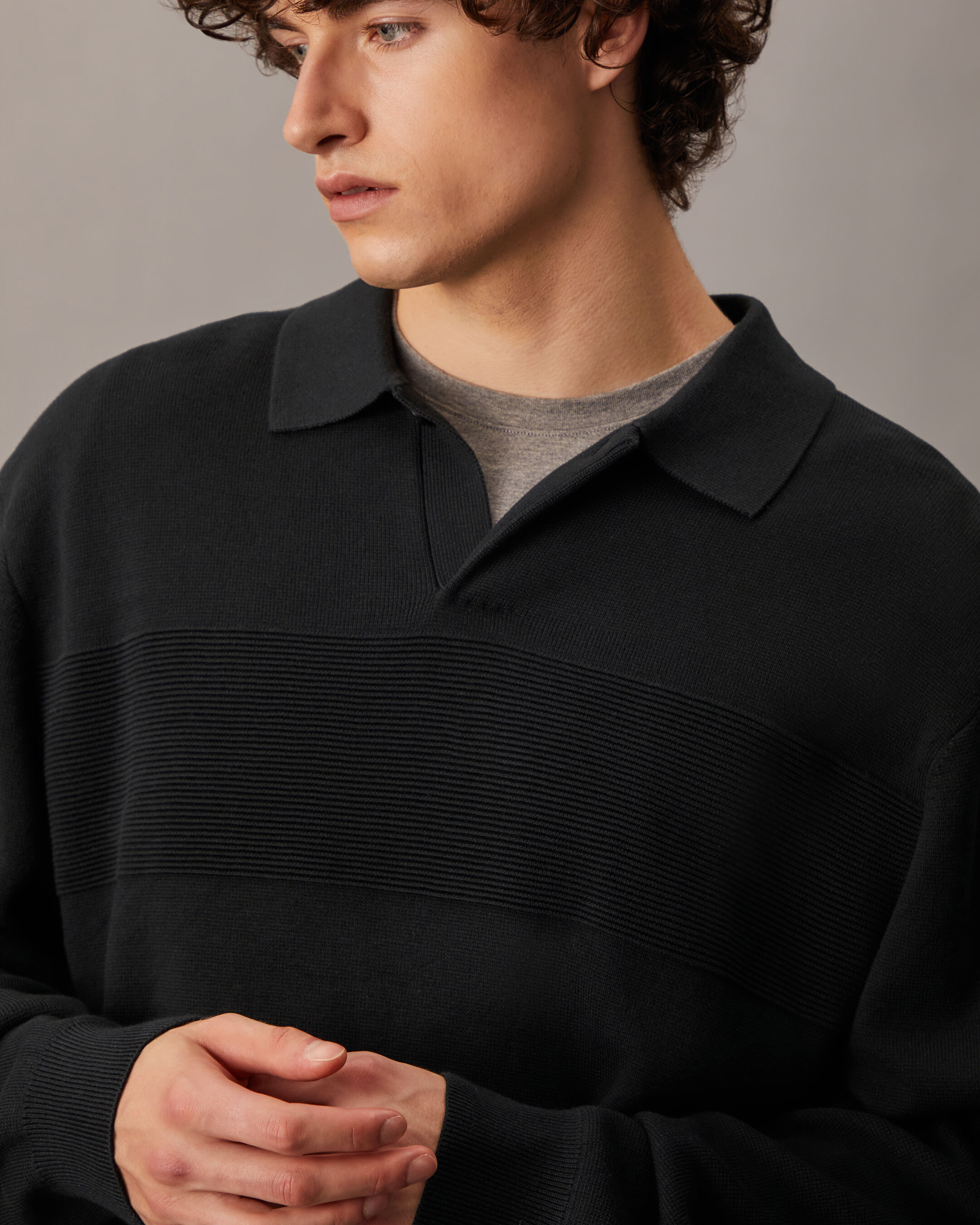 Rugby Knit Long Sleeve Polo | black | Calvin Klein Hong Kong
