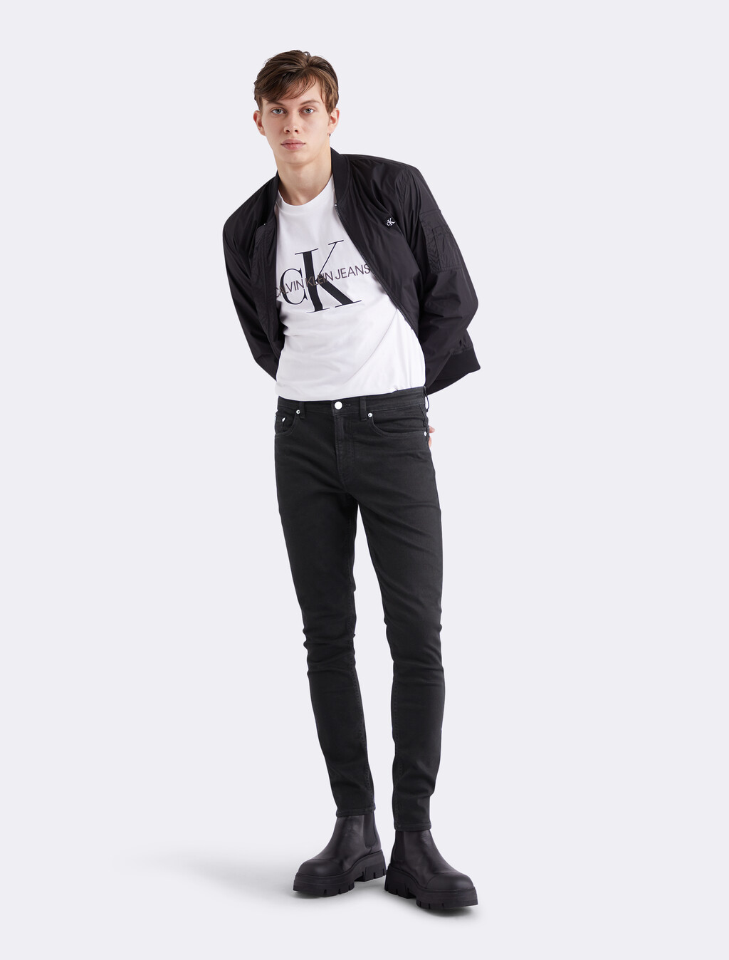 Core Black Skinny Jeans, 90S BLACK CALVIN CUFF UP LOGO, hi-res