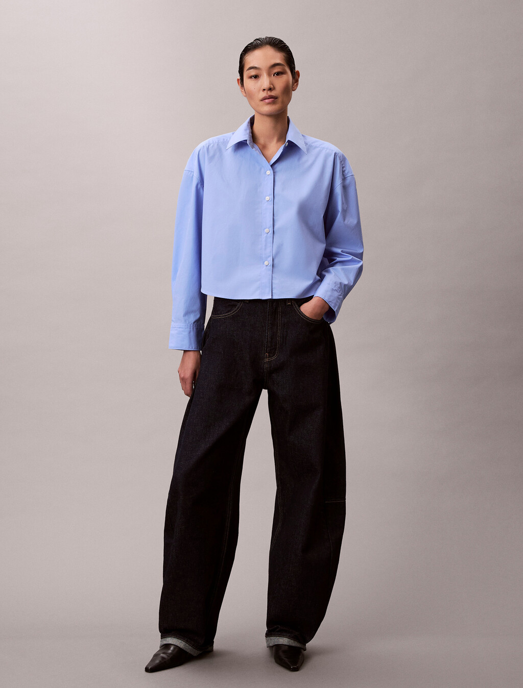 Poplin Relaxed Cropped Button-Down Shirt, Hydrangea, hi-res