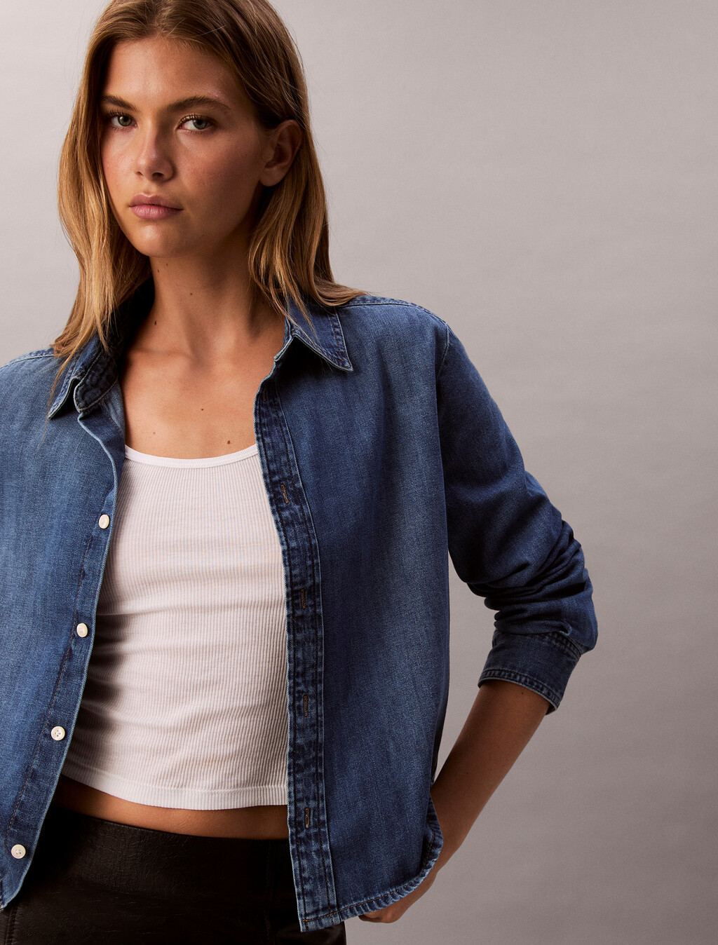 Cropped Denim Shirt, INDIGO HASTINGS, hi-res