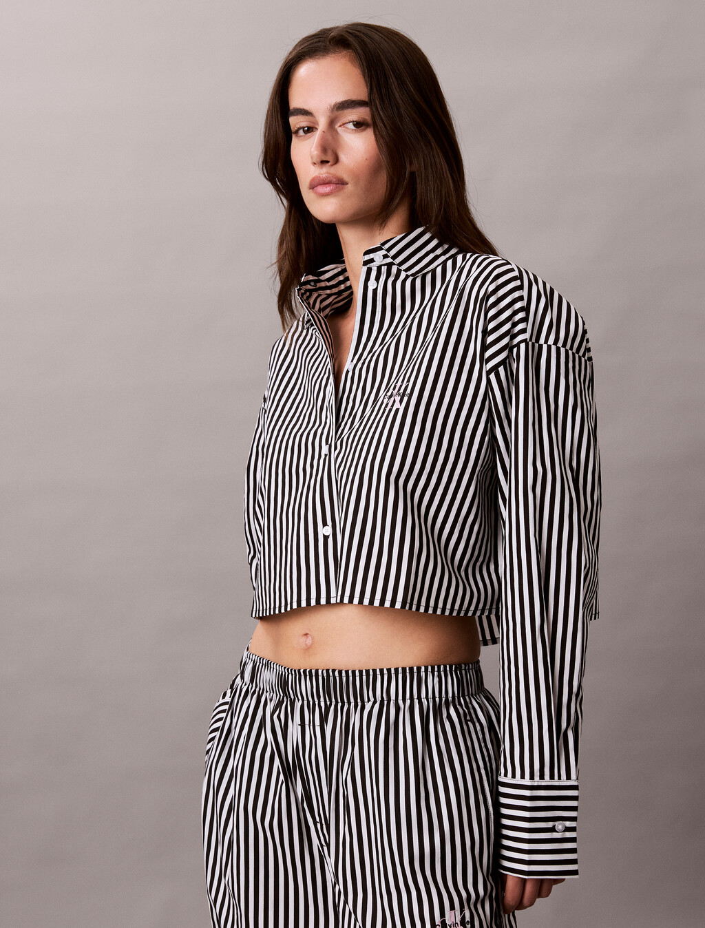 短版府綢棉睡裝上衣, PENNY STRIPE+Black, hi-res