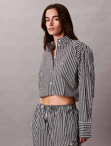 短版府綢棉睡裝上衣, PENNY STRIPE+Black, hi-res