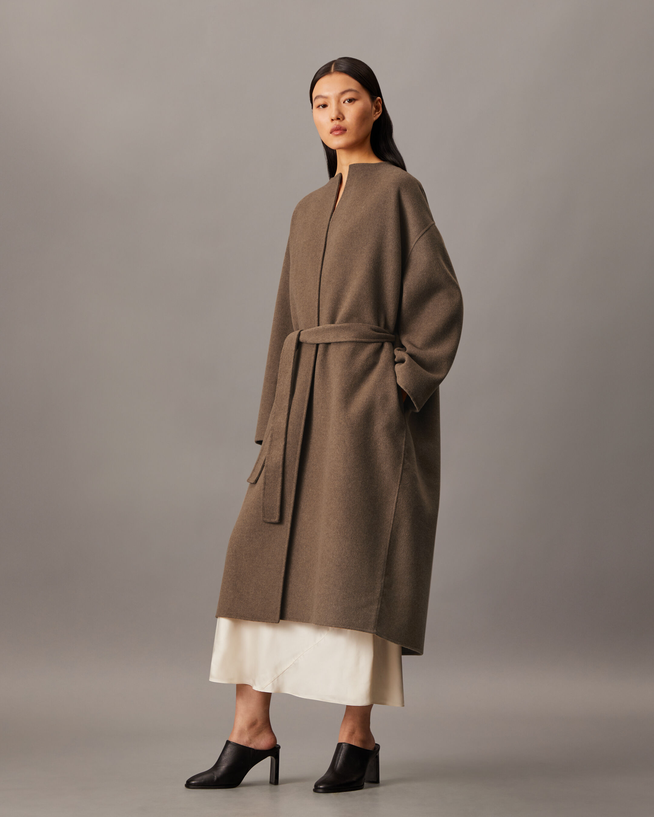 Cashmere Wool Blend Collarless Wrap Coat | brown | Calvin Klein