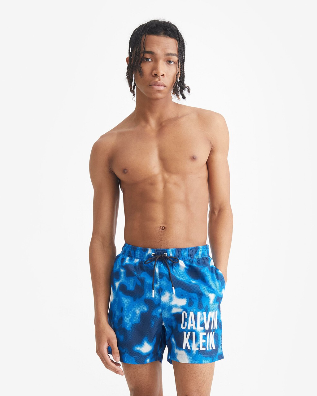 BLURRED CAMOUFLAGE PRINT MEDIUM DRAWSTRING SWIM SHORTS, Ip Blurred Camo Blue Aop, hi-res