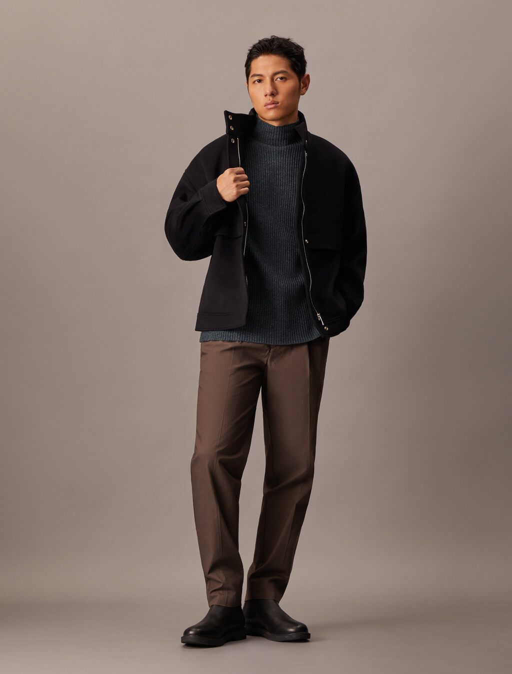 Woolen Rib Knit Mock Neck Sweater, Dark Cliff Htr, hi-res