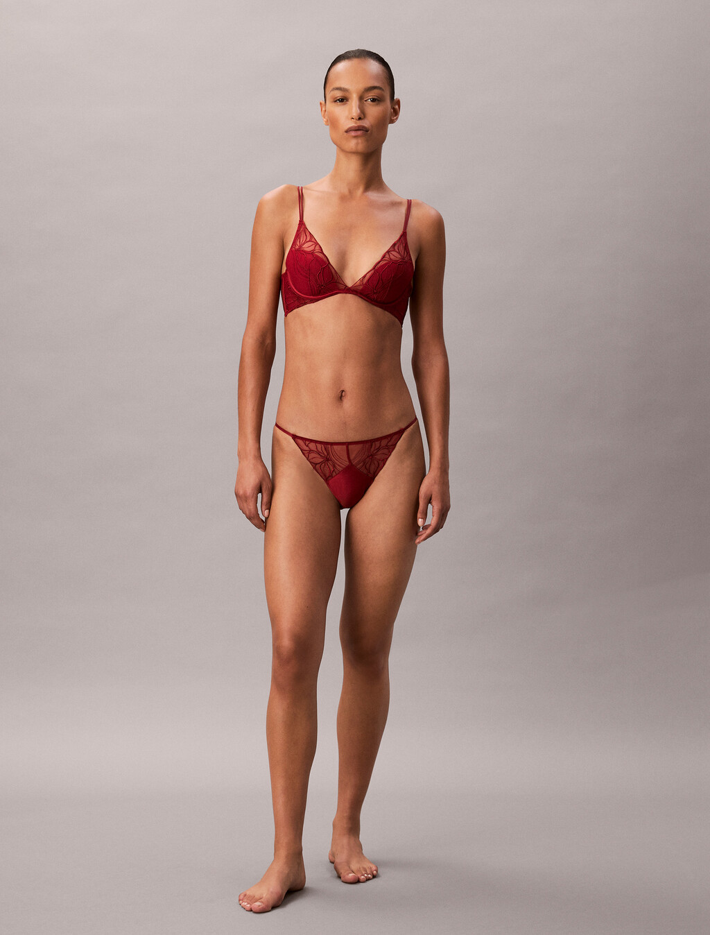 Lightly Lined Plunge Bra - CK Black Floral Lace, Fall Berry, hi-res