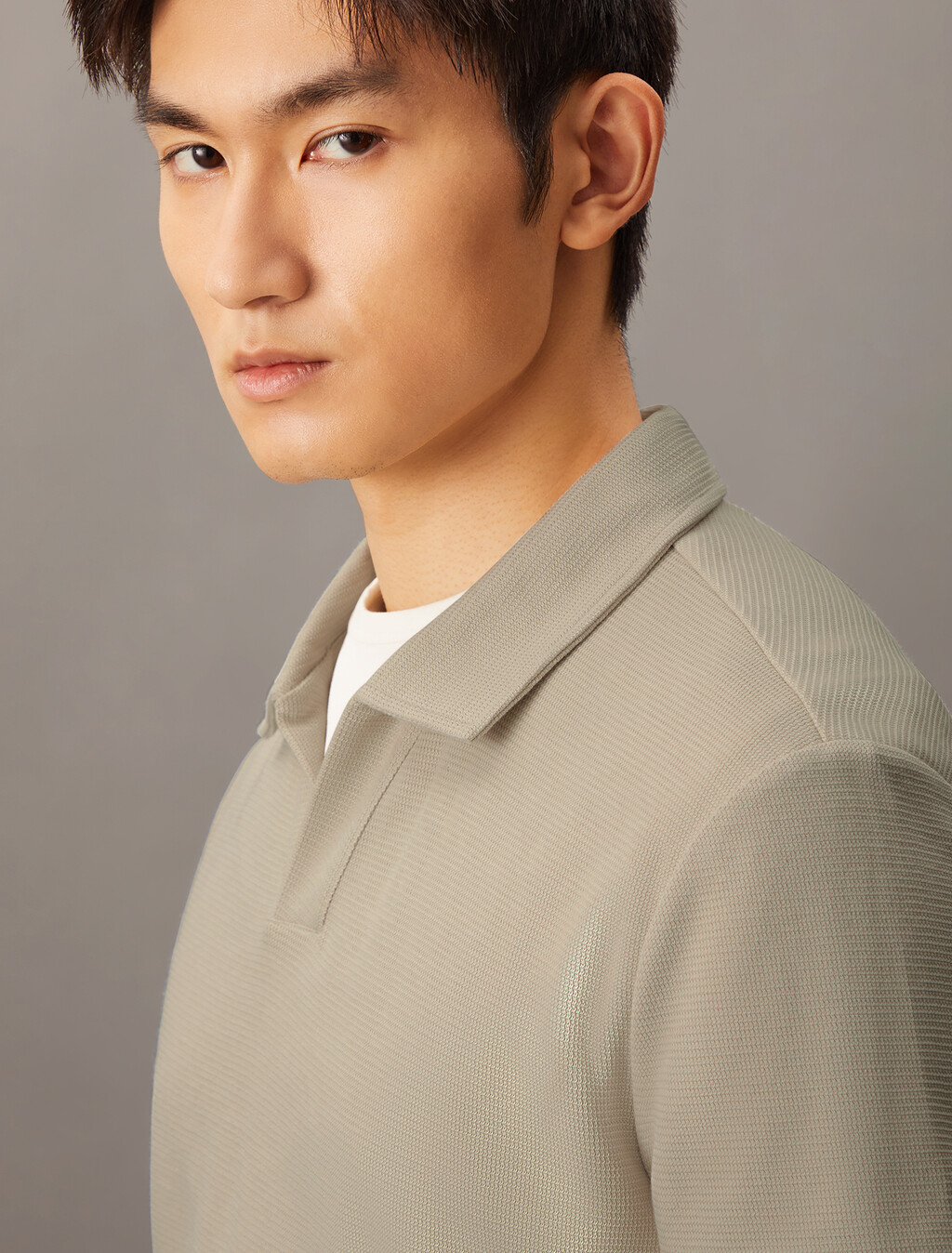 Textured Open Collar Knit Polo, Moonbeam, hi-res