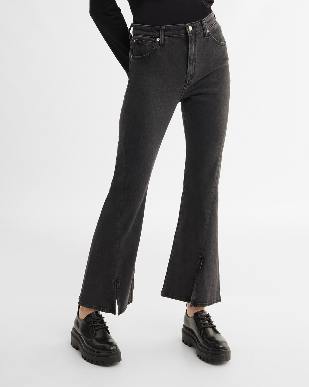 RECONSIDERED HIGH RISE FLARED JEANS, Wsh Blk Twt Side Lg Spl/Rwh, hi-res