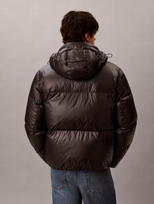 Glossy Down Puffer Jacket With Detachable Hood, Black, hi-res