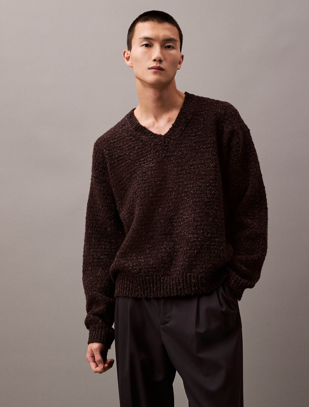 Chunky Wool V Neck Sweater, Mulch Htr, hi-res