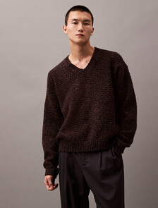 Chunky Wool V Neck Sweater, Mulch Htr, hi-res