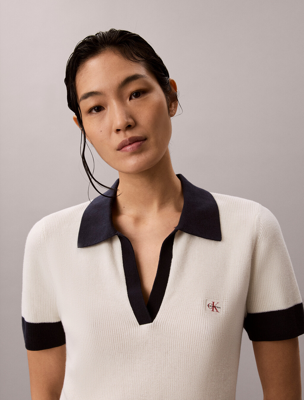 Two-Tone Cotton Knit Polo Shirt, Tofu, hi-res