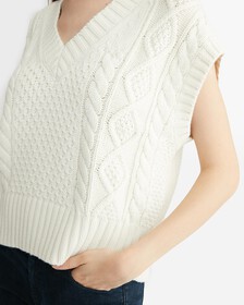 Varsity Cable Wool Blend Vest, Ivory, hi-res