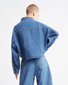 超寬鬆短版弧邊下擺牛仔裇衫, BRIGHT BLUE, hi-res