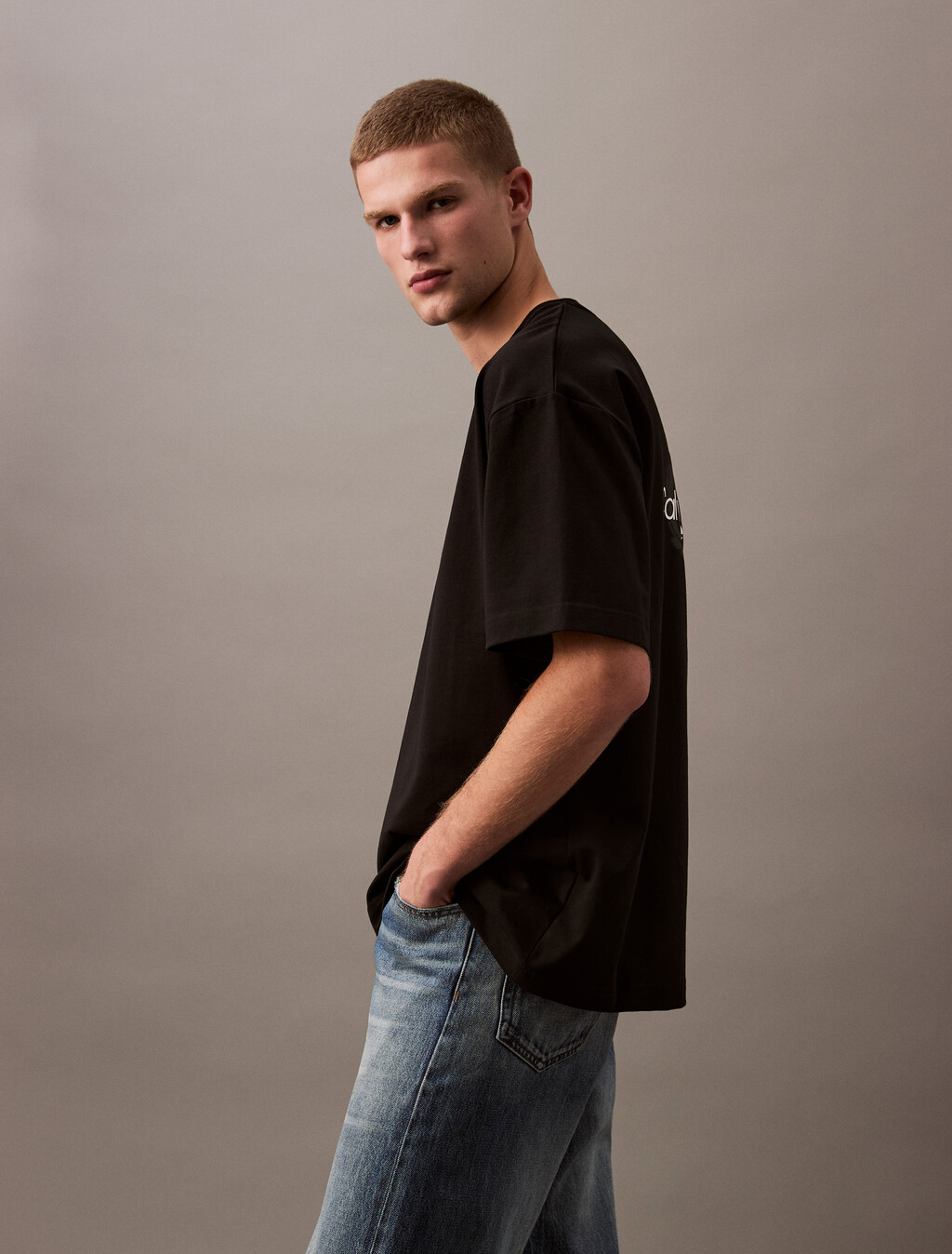 Oversized Embossed Monogram Tee, Black, hi-res