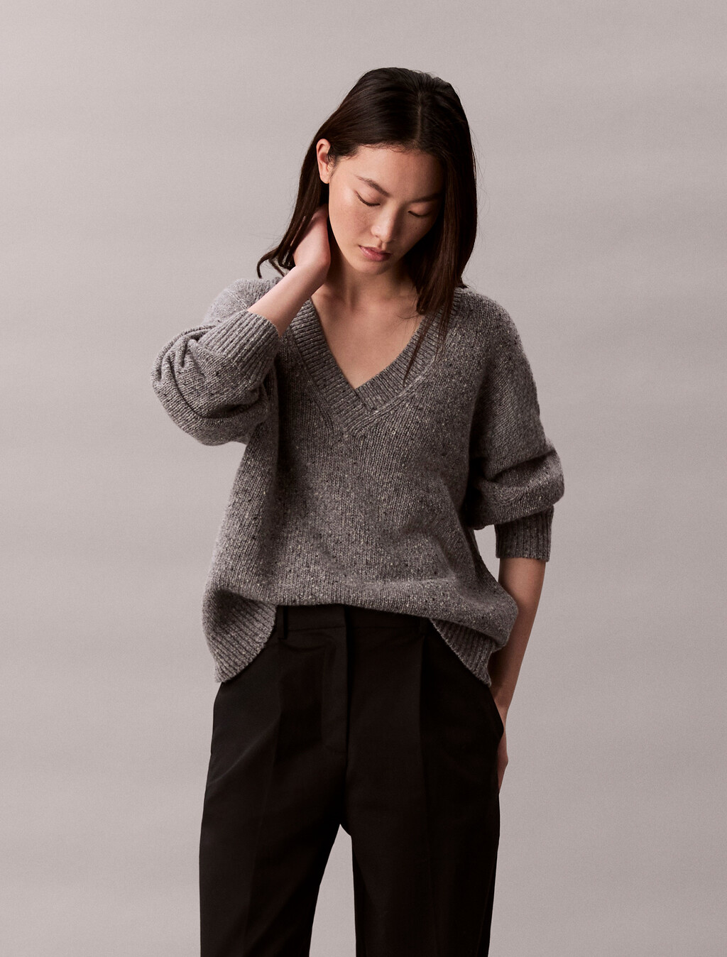 Chunky Relaxed V Neck Sweater, Stoneflag, hi-res
