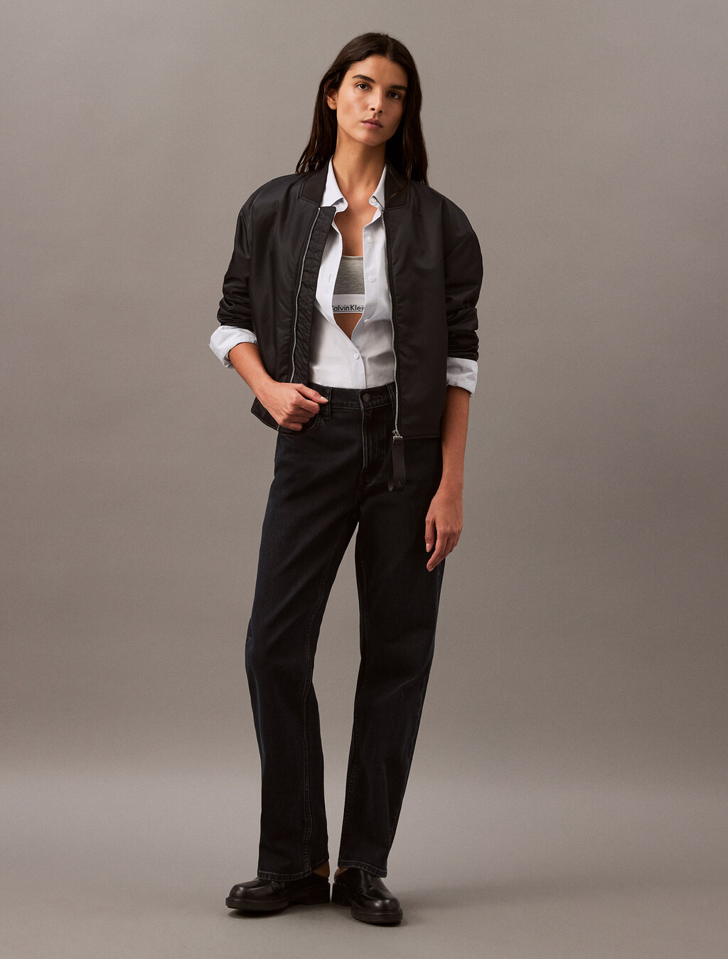 Padded Nylon Bomber Jacket, Black, hi-res