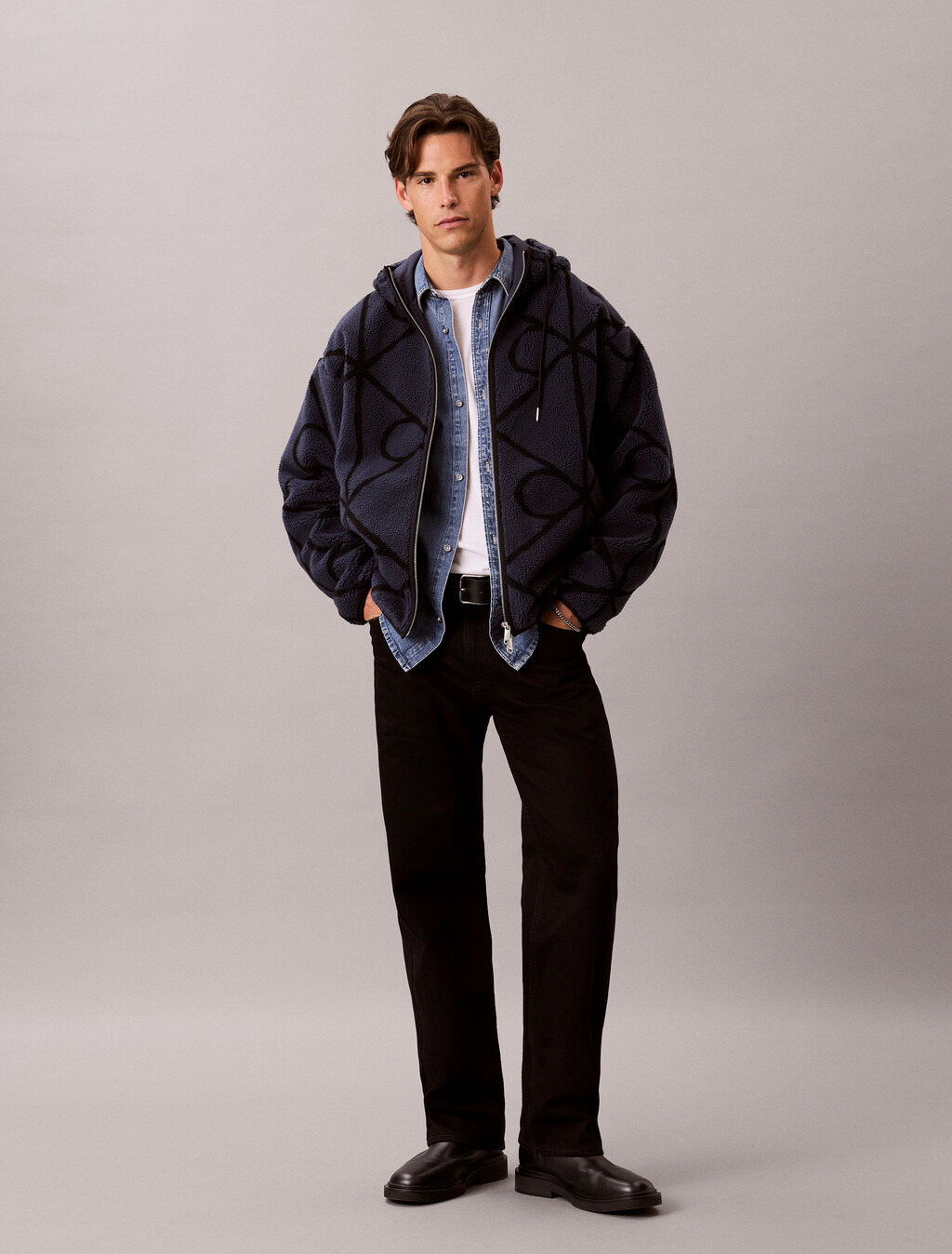 Sherpa Fleece Emblem Zip Hoodie, Blue Nights, hi-res