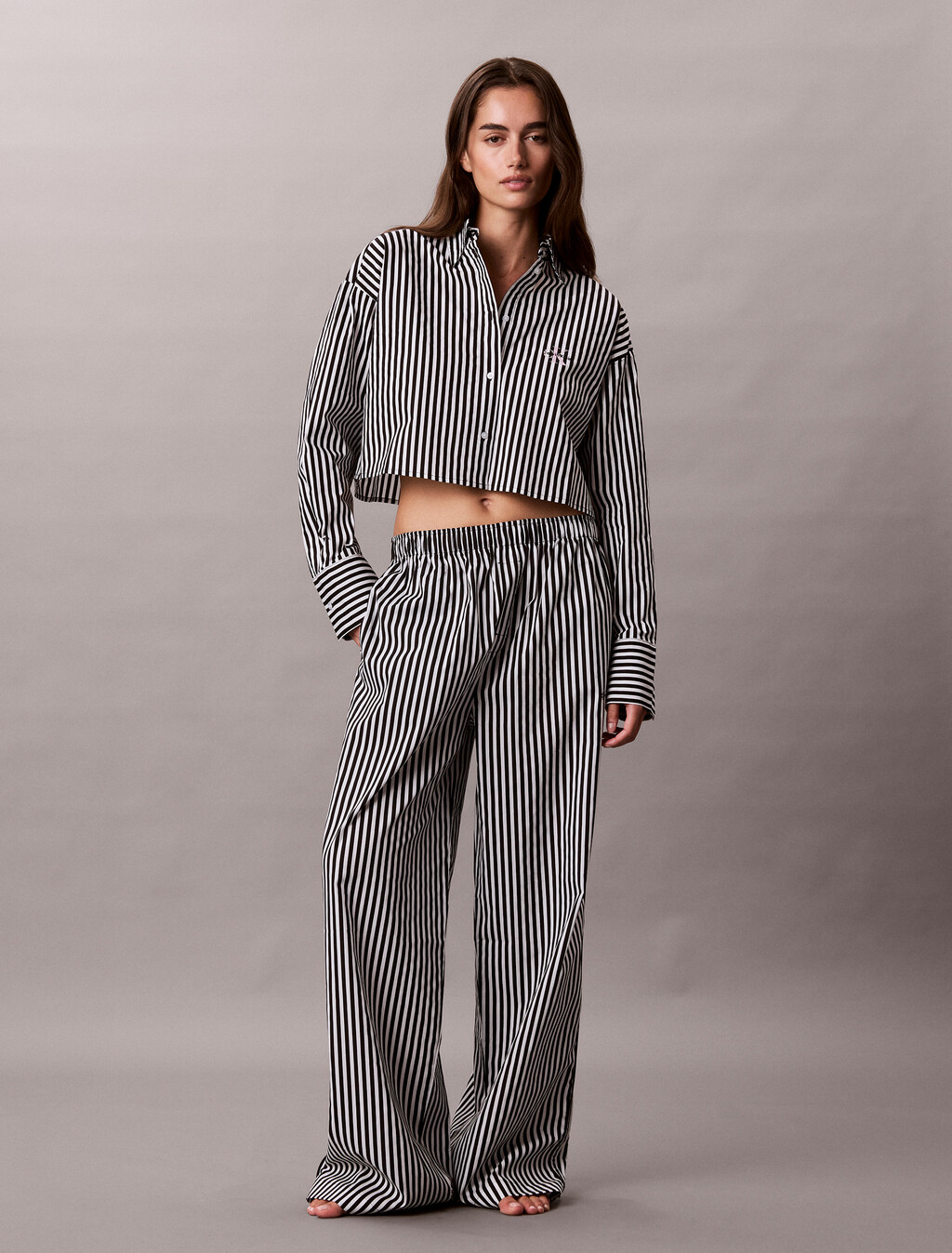 短版府綢棉睡裝上衣, PENNY STRIPE+Black, hi-res
