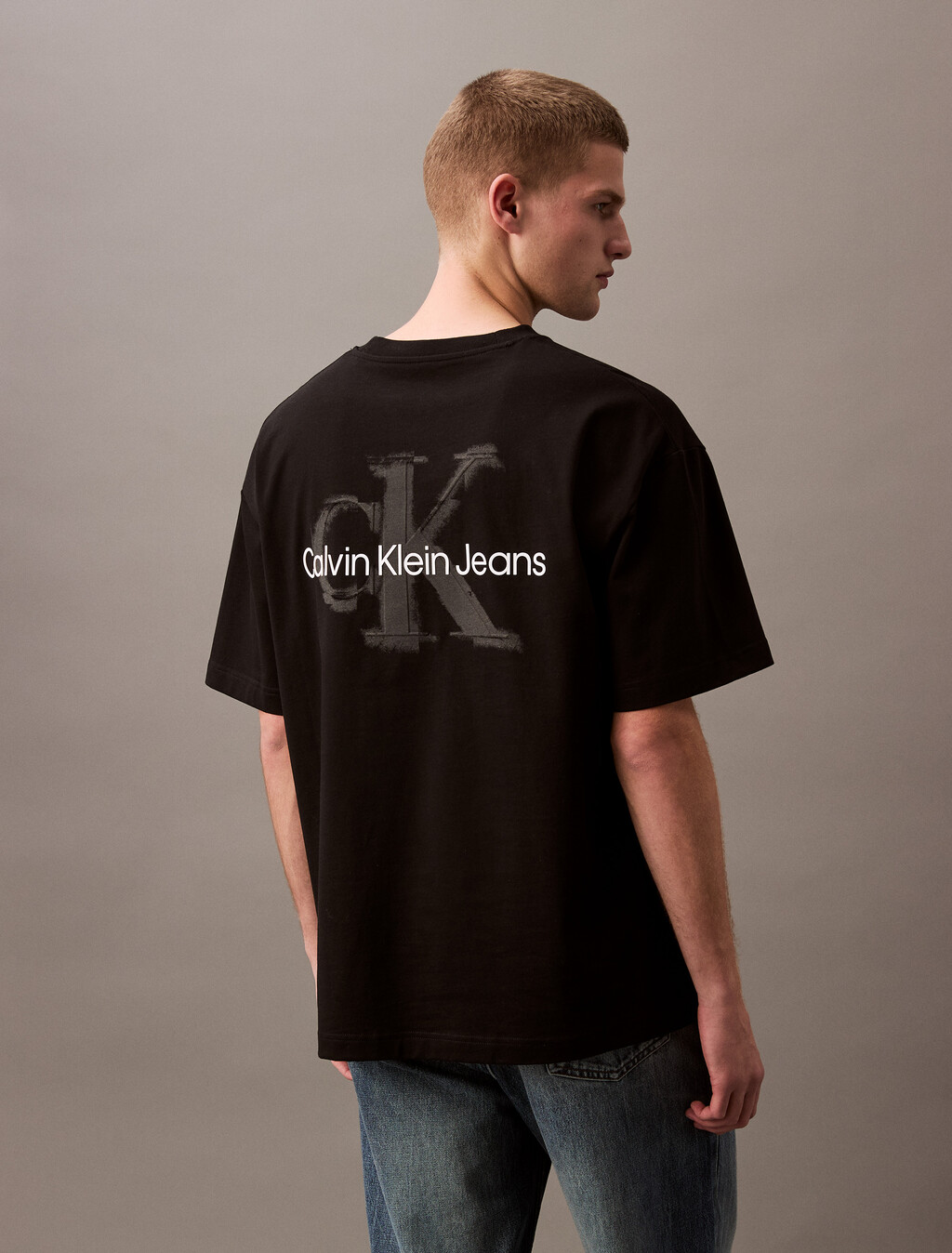 Oversized Embossed Monogram Tee, Black, hi-res