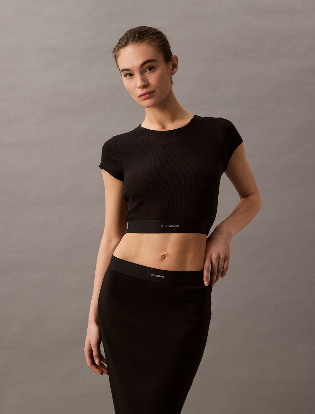 Rib Knit Cropped Tee, Black, hi-res