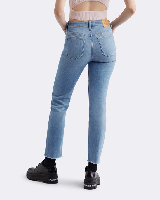 Italian Denim High Rise Distressed Slim Straight Jeans