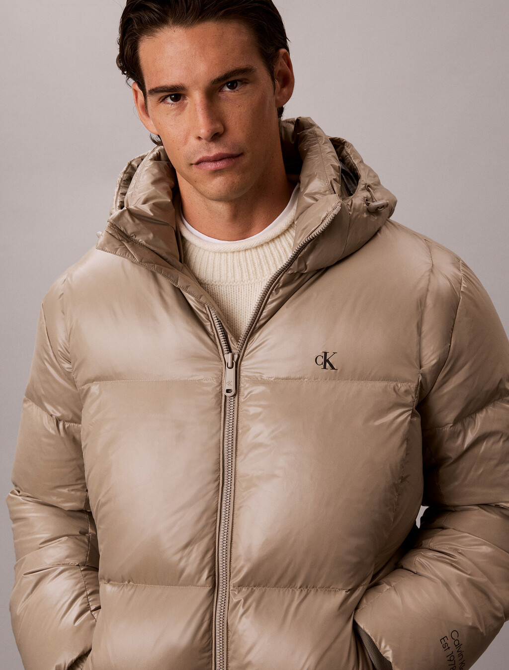 Glossy Down Puffer Jacket With Detachable Hood, Roasted Cashew, hi-res