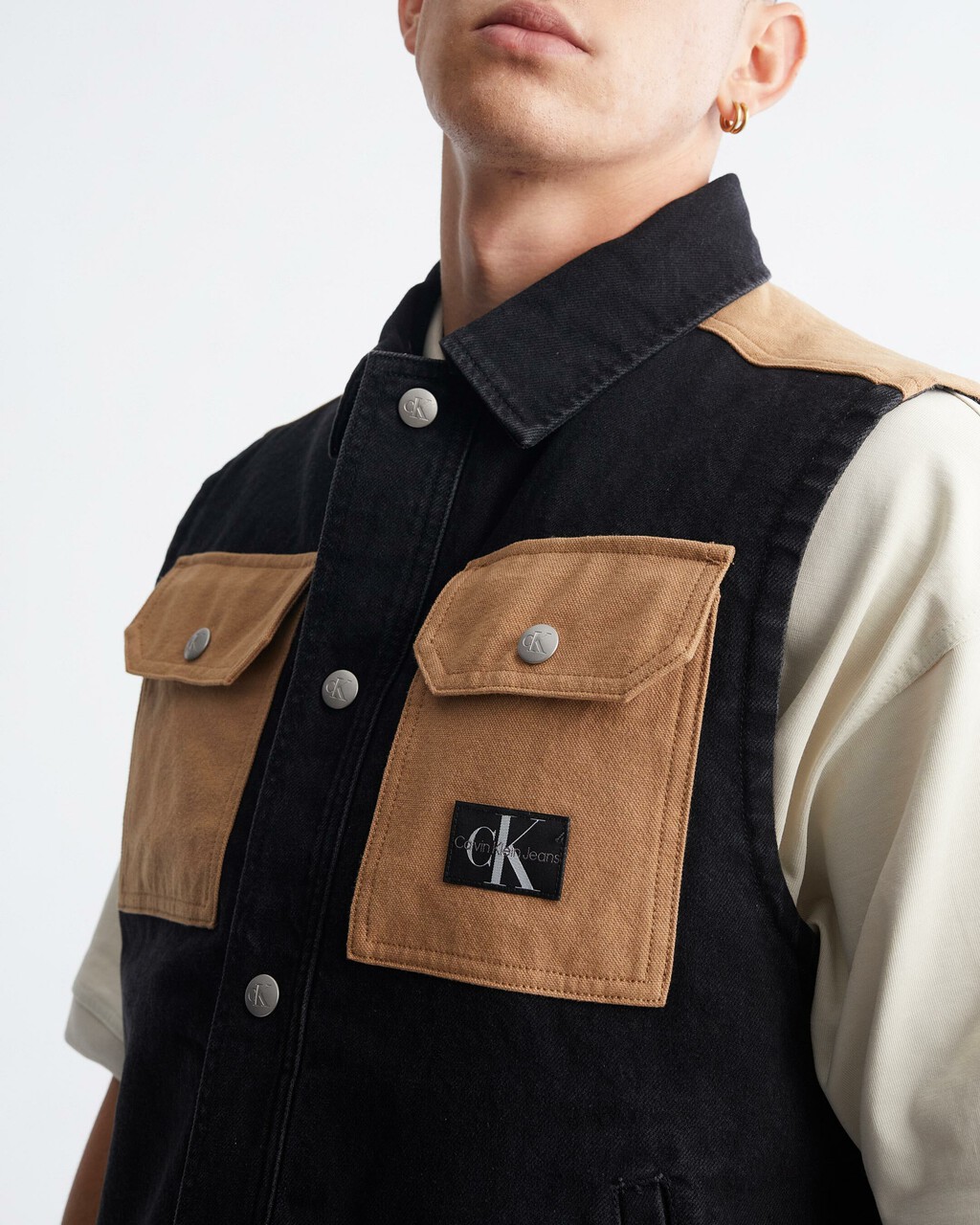 Amplify Workwear Padded Denim Vest, WASHED BLK/BRWN, hi-res