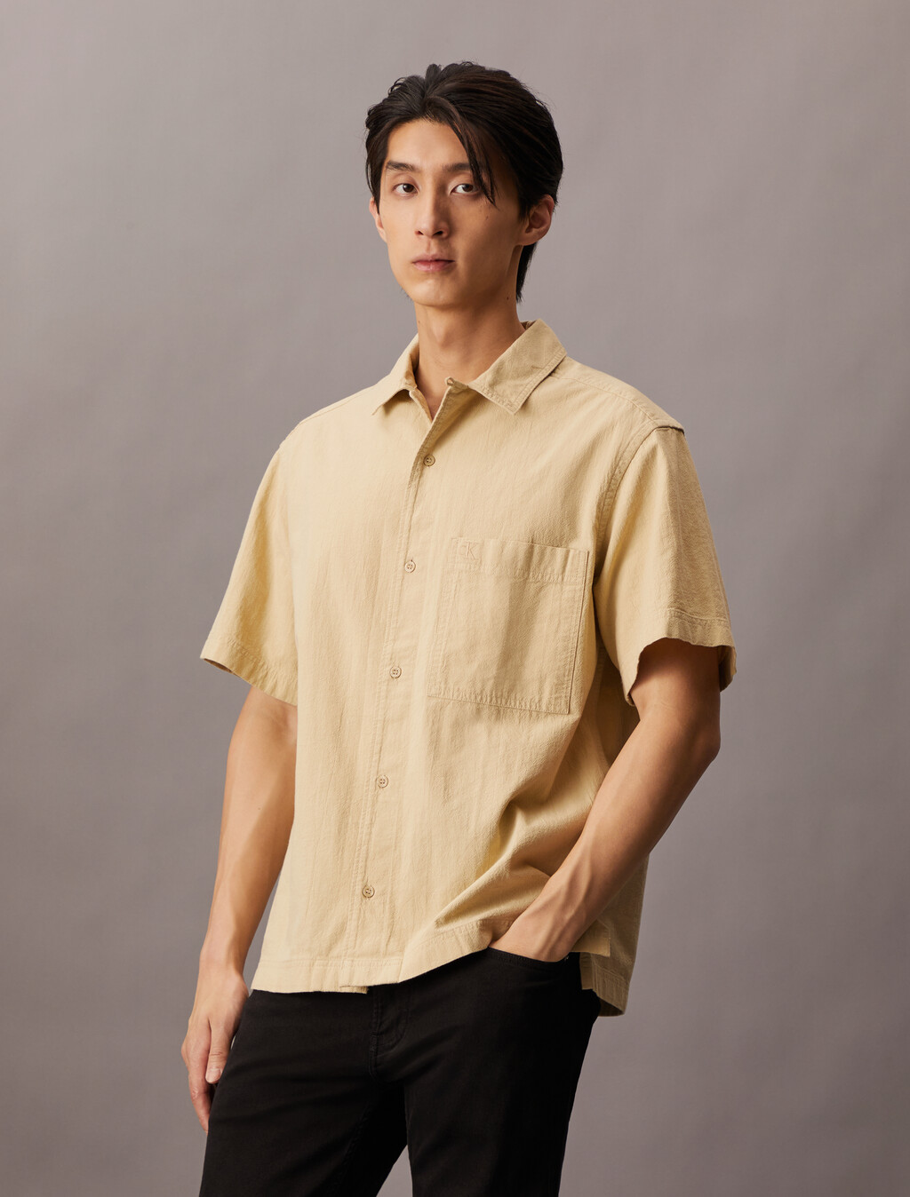 夏日工裝風紋理感棉質襯衫, Pale Khaki, hi-res