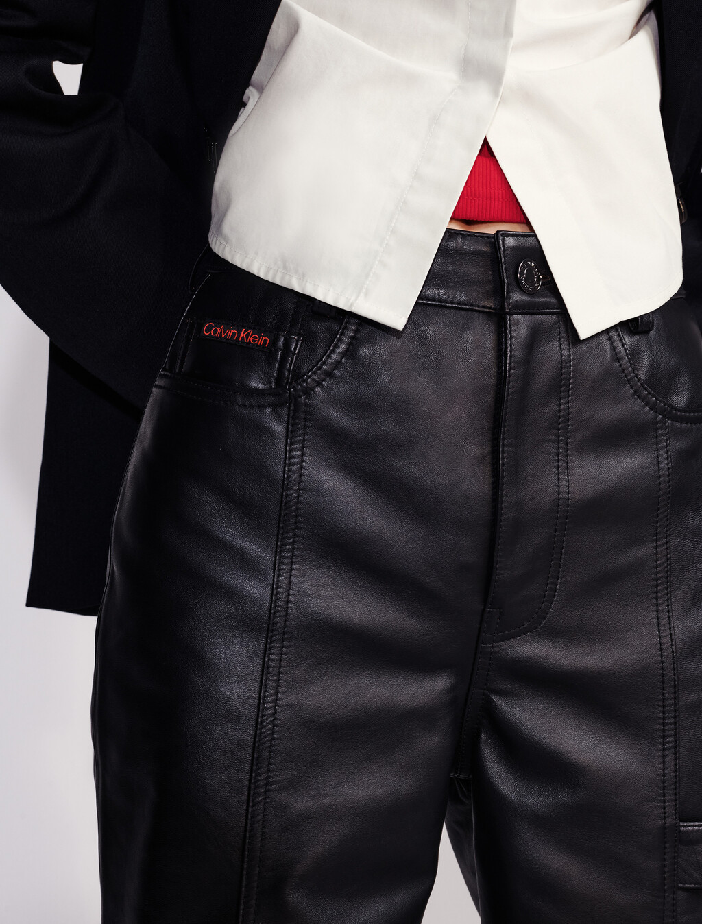 Leather Wide Leg Cargo Pants, Black, hi-res