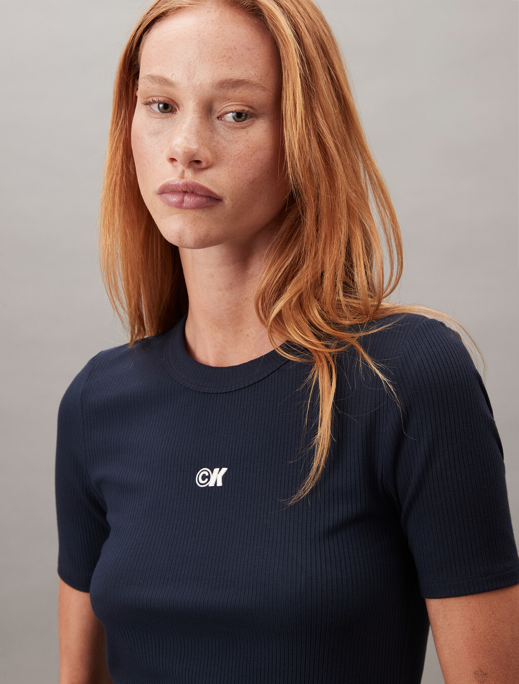 CK Logo Modal Stretch Ribbed Tee, Dark Sapphire, hi-res