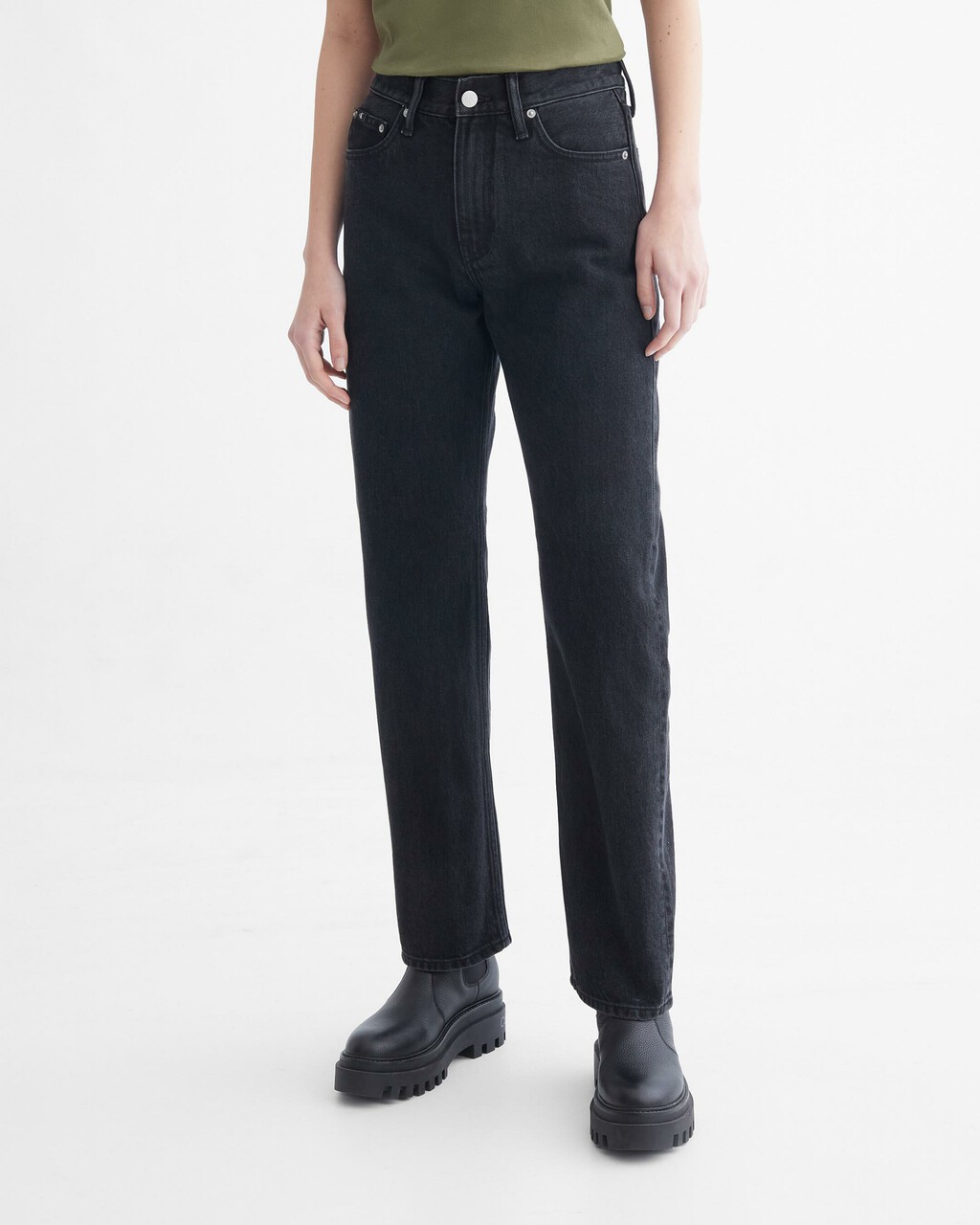 Sustainable High Rise Straight Jeans, Washed Black Logo Lace, hi-res