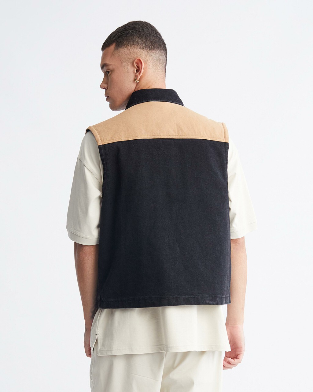 Amplify Workwear Padded Denim Vest, WASHED BLK/BRWN, hi-res