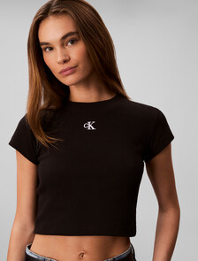 羅紋緊身短版 T 恤, Black, hi-res