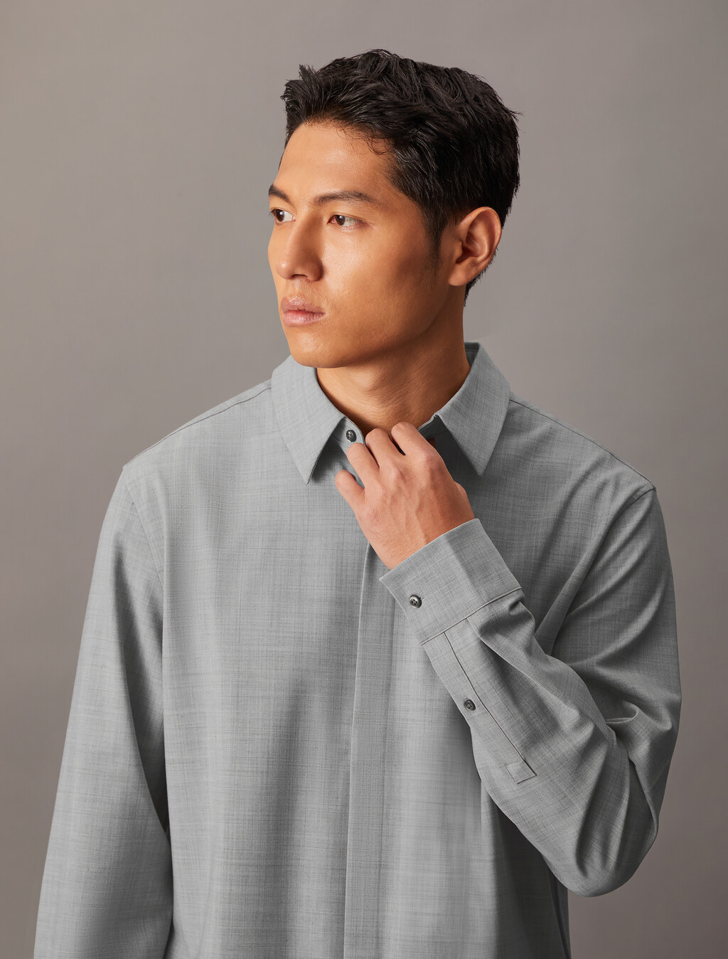 Wool Blend Covered Placket Shirt, Grey Heather, hi-res