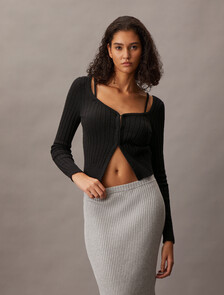 Cropped Rib Knit Cardigan, Black, hi-res
