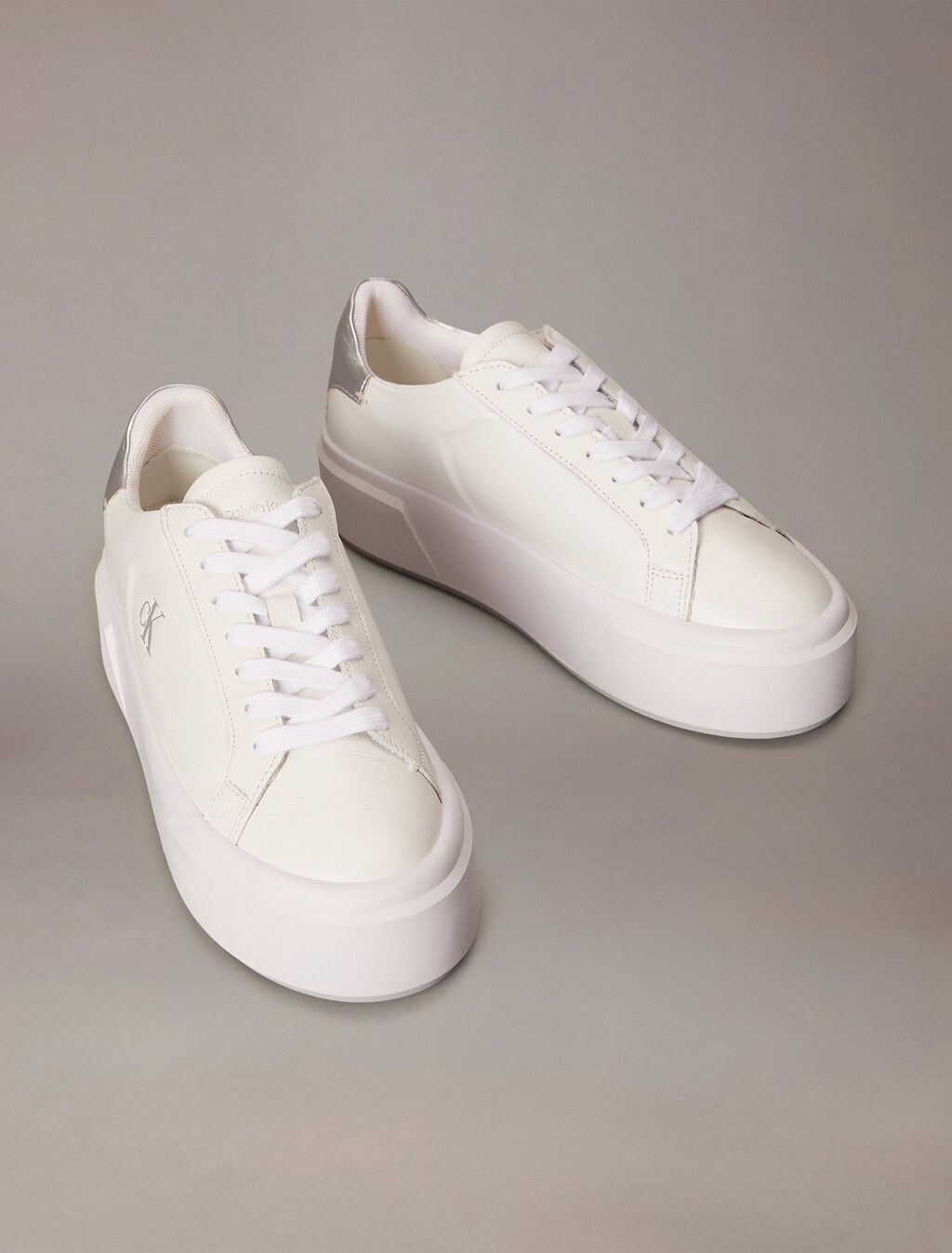 Sienna - Leather Logo Platform Trainers, Bright White/Silver, hi-res