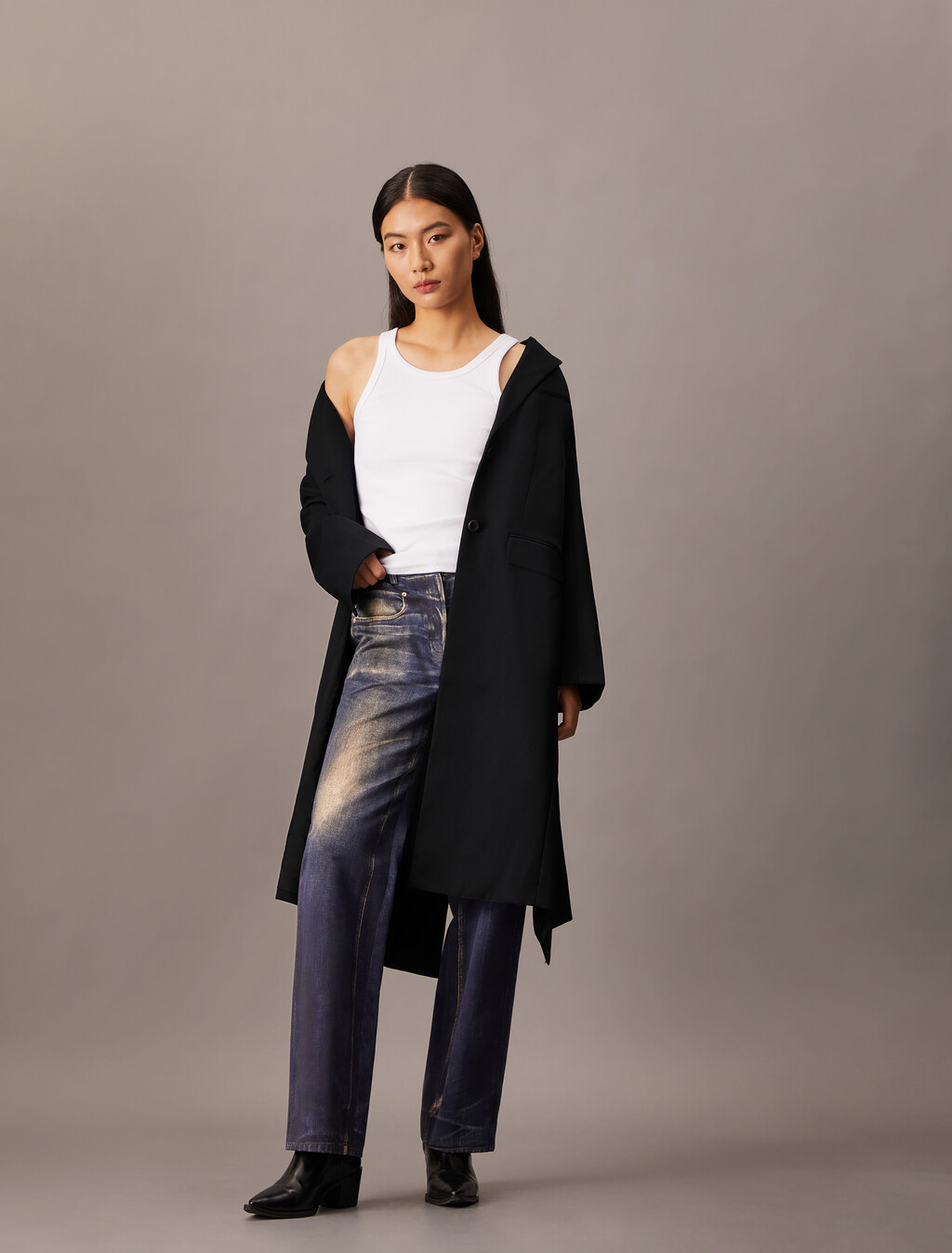 Crepe Wool Blend Single Breasted Overcoat, Black Beauty, hi-res
