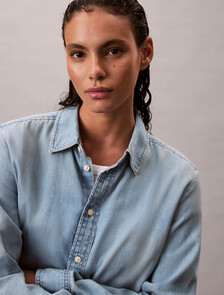 Cropped Denim Shirt, BRIGHTON BLUE, hi-res