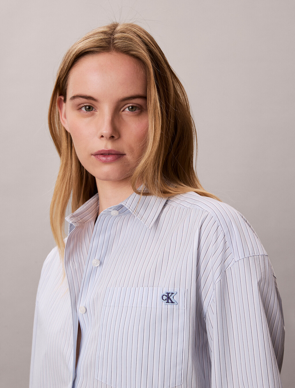 Cropped Cotton Poplin Stripe Shirt, Breezy Blue Three Color Refined Stripe, hi-res