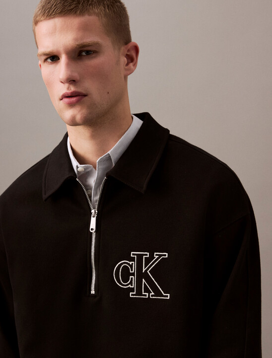 Rib Knit Logo Applique Zip Polo