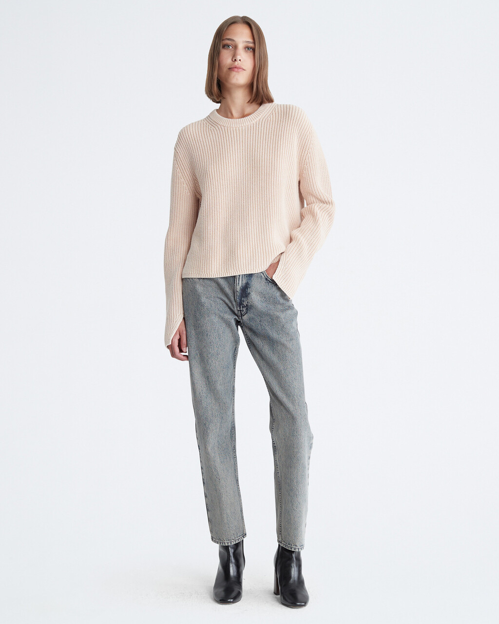 Smooth Cotton Chunky Knit Crewneck Sweater, Neutral Tan, hi-res