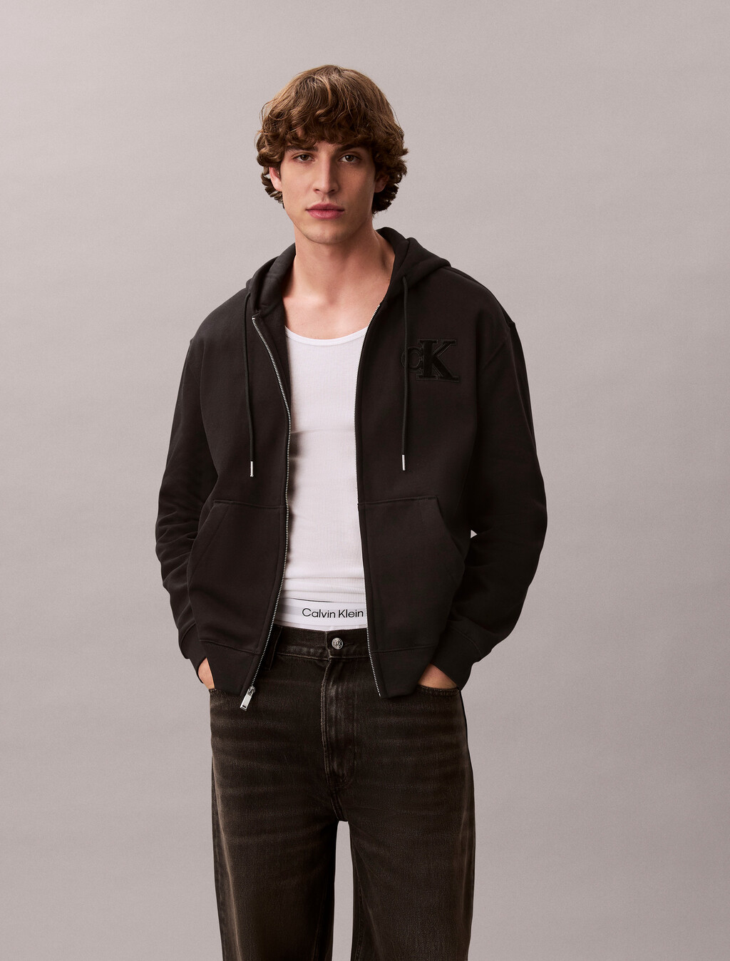 Velvet Monogram Zip Thru Hoodie, Black, hi-res