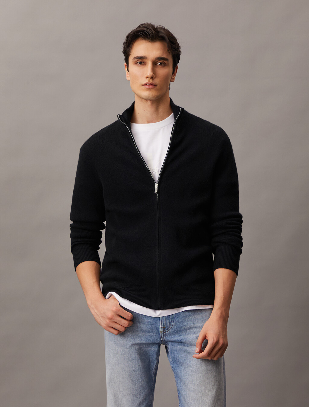 Cashmere Full Zip Sweater, Black, hi-res