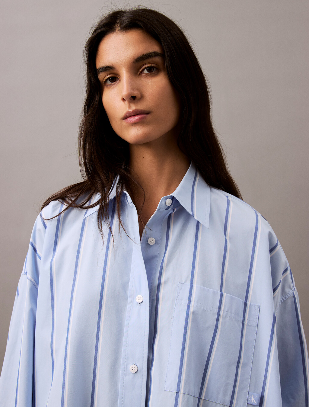 寬鬆條紋棉質襯衫連身裙, 18815 CSW25S_W013+Chambray Blue, hi-res